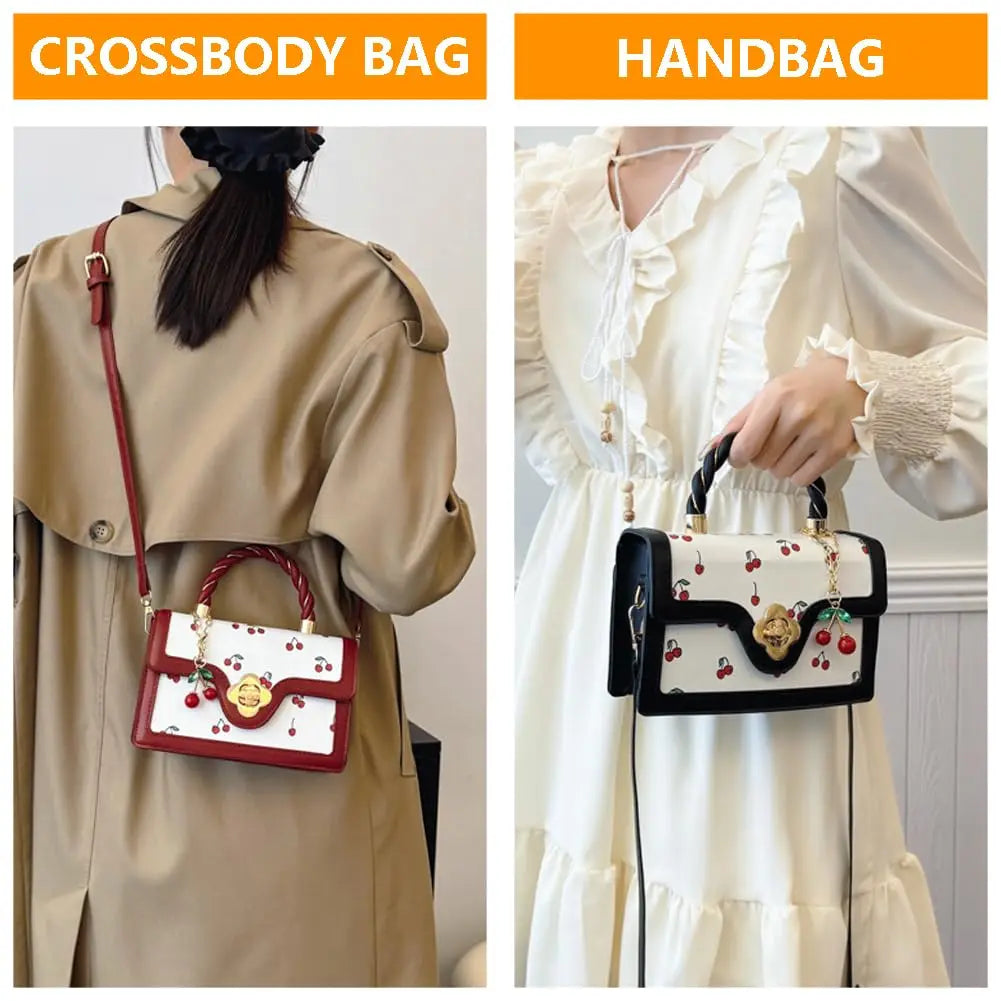 Women Mini Cherry Print Handbag Cute Twist Handle Crossbody Purse Flower Turn‑lock PU Leather Small Shoulder Bag With Cherry Pendant Removable Strap Fashion Daily Satchel Bag